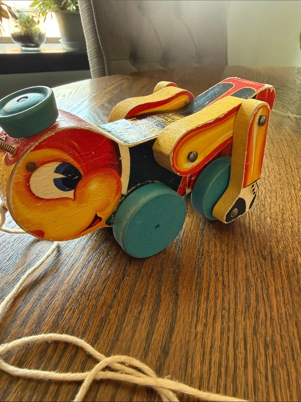 Vintage Fisher-Price Kriss Kricket Pull-Along Dog Toy in Red, Yellow